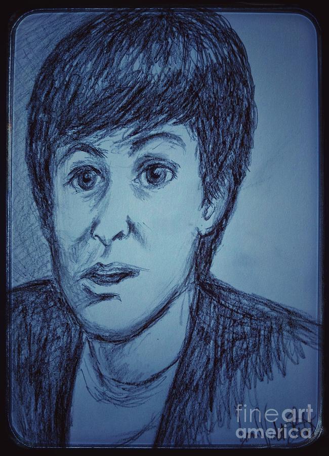Charcoal Sketch of Paul McCartney in Blue Drawing by Joan-Violet Stretch