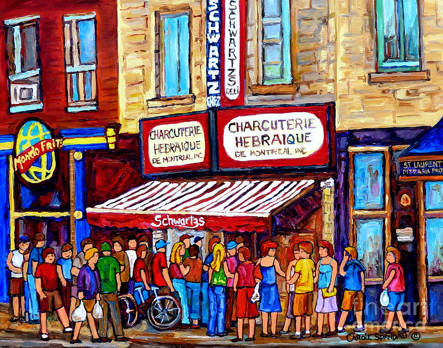 Charcuterie Hebraique Schwartz Line Up Waiting For Smoked Meat Montreal Paintings Carole Spandau     Painting by Carole Spandau