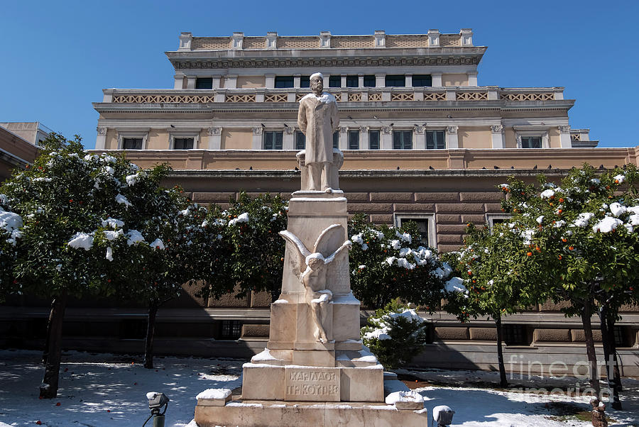 Charilaos Trikoupis statue with snow Photograph by George Atsametakis