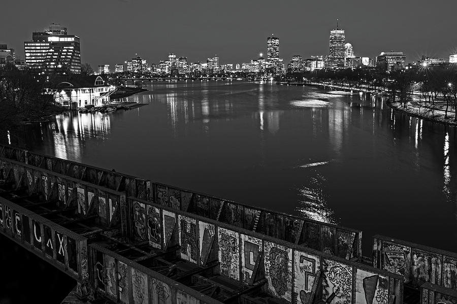 Charles River at Dusk Dewolfe Boathouse Boston Skyline Black and White Photograph by Toby McGuire