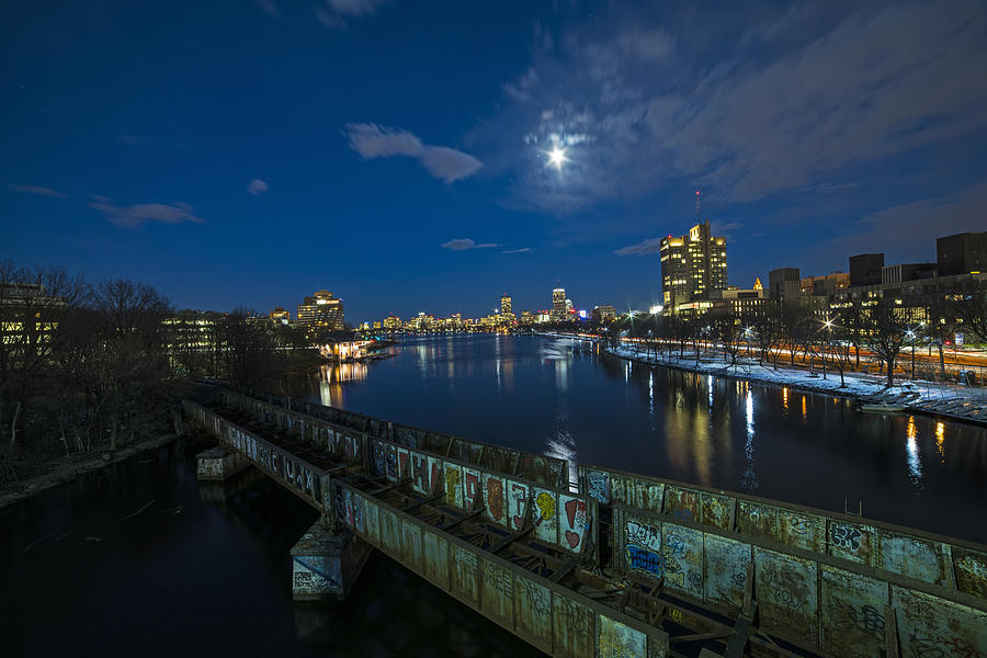 Charles River at Dusk Dewolfe Boathouse Boston Skyline Wide Angle Photograph by Toby McGuire