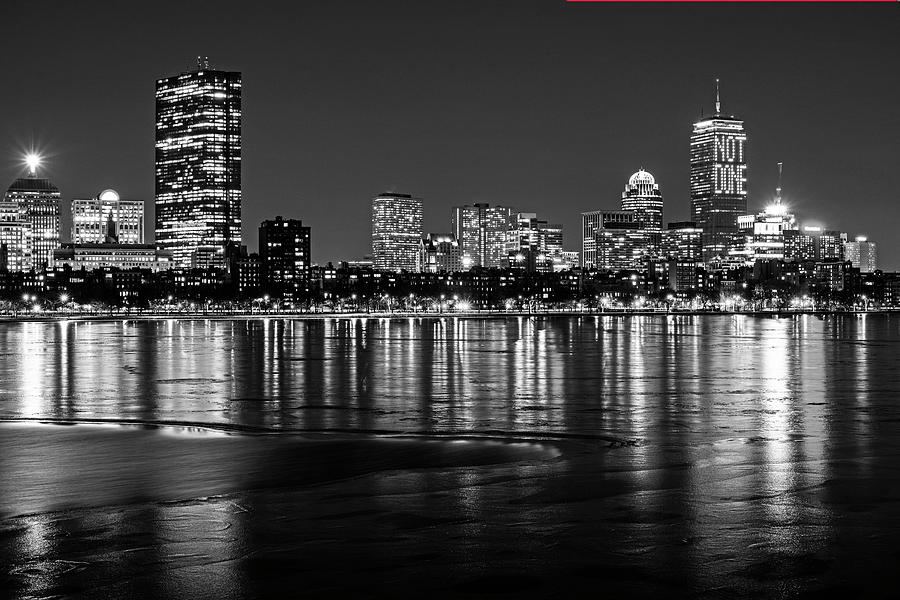 Charles River Boston MA Prudential lit up Not Done New England Patriots Black and White Photograph by Toby McGuire