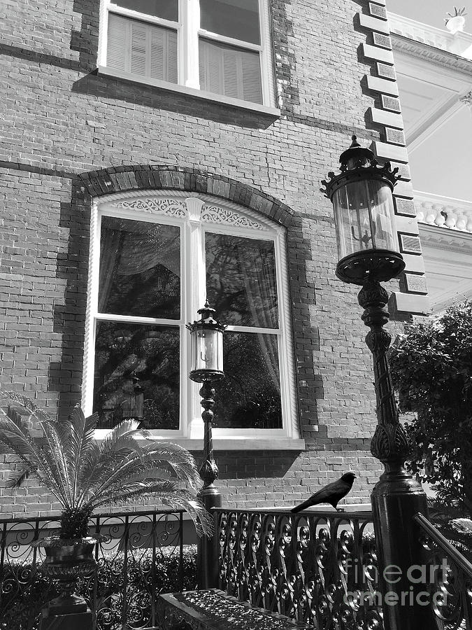 Black And White Photograph - Charleston French Quarter Architecture - Window Street Lanterns Gothic French Black White Art Deco  by Kathy Fornal