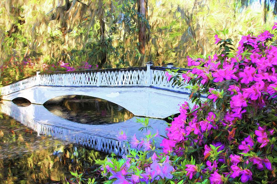 Charleston Magnolia Plantation White Lattice Bridge And Azaleas Painting Photograph by Carol Montoya