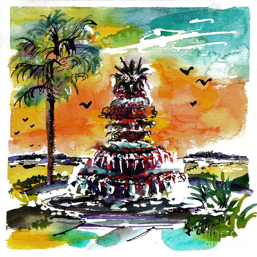 Charleston Pineapple Fountain  Painting by Ginette Callaway