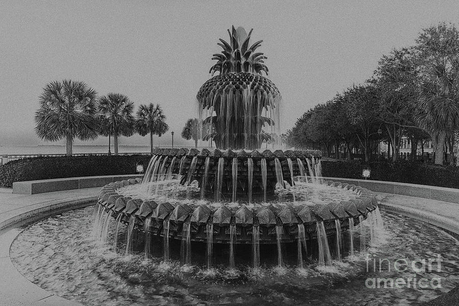 Charleston Pineapple Fountain in Black and White Photograph by Dale Powell