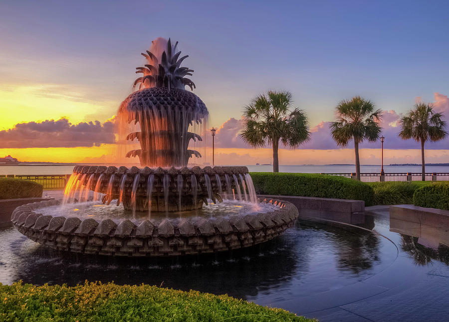 Sunset Photograph - Charleston Pineapple Fountain by Todd Wise