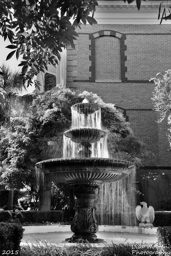 Charleston SC Calhoun Mansion Fountain Black and White Photograph by Lisa Wooten