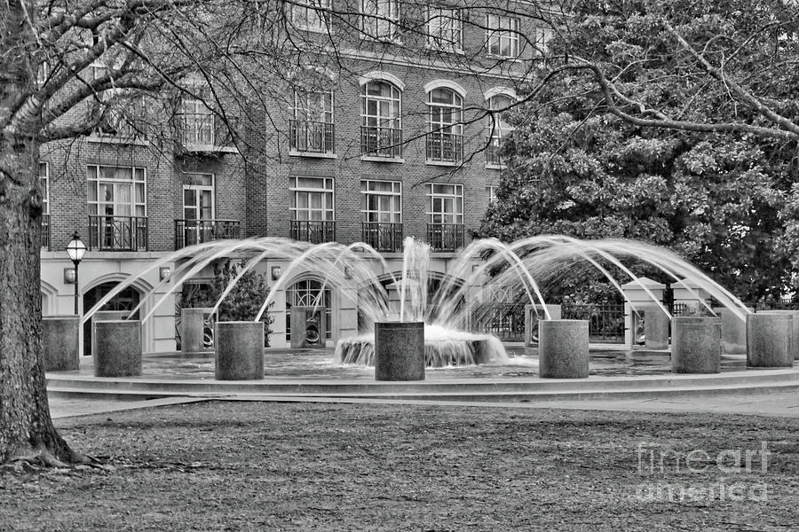 Charleston Waterfront Park Fountain Black and White Photograph by Carol Groenen