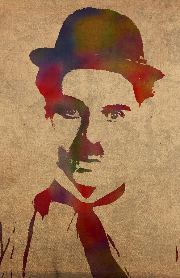 Charlie Chaplin Watercolor Portrait Silent Movie Vintage Actor on Worn Distressed Canvas Mixed Media by Design Turnpike
