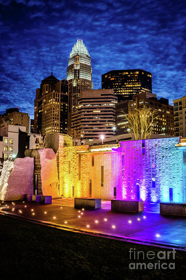 Charlotte Cityscape and Bearden Park Waterfall Wall at Night Photograph by Paul Velgos