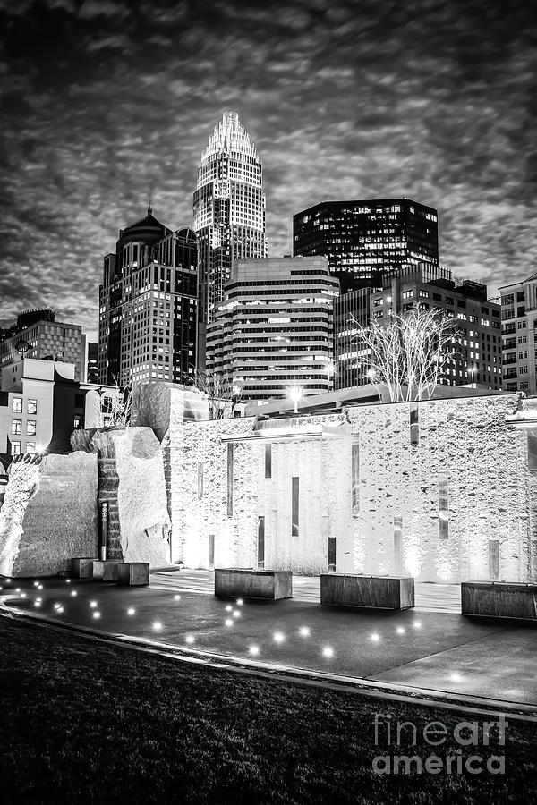 Charlotte Cityscape at Night Black and White Photo Photograph by Paul Velgos