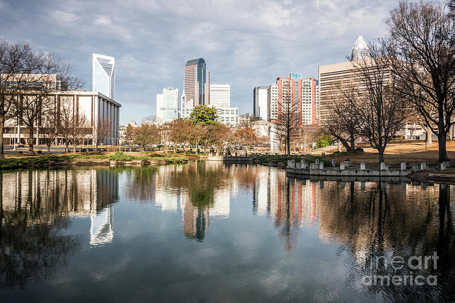 Charlotte Cityscape Reflection on Marshall Park Pond Photograph by Paul Velgos