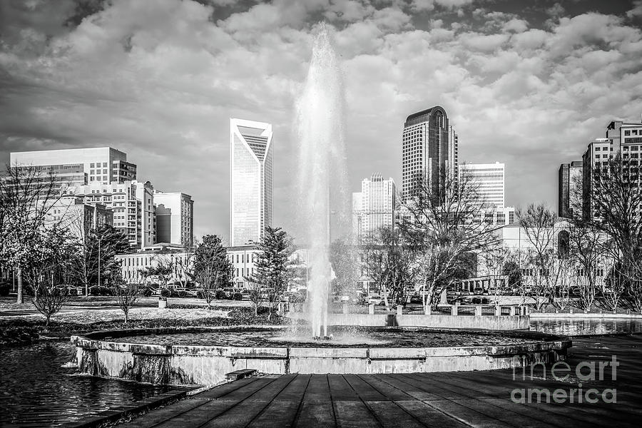 Charlotte Marshall Park Fountain Black and White Photo Photograph by Paul Velgos