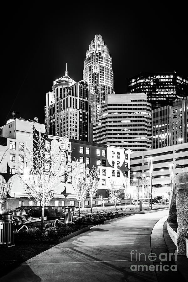Charlotte NC at Night Black and White Photo Photograph by Paul Velgos