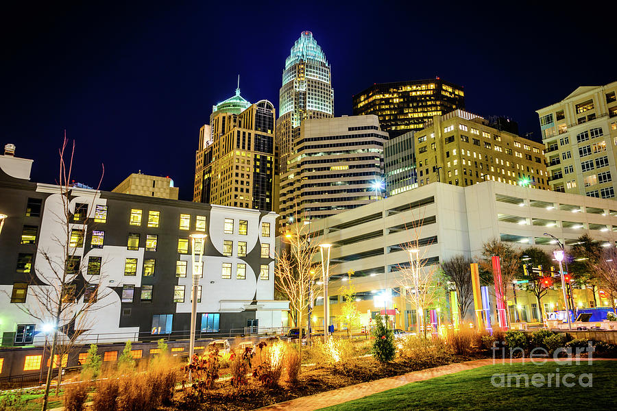 Charlotte NC Downtown City at Night Photo Photograph by Paul Velgos