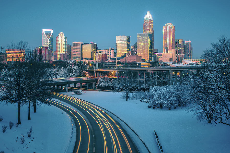 Charlotte nc usa skyline during and after winter snow storm in j