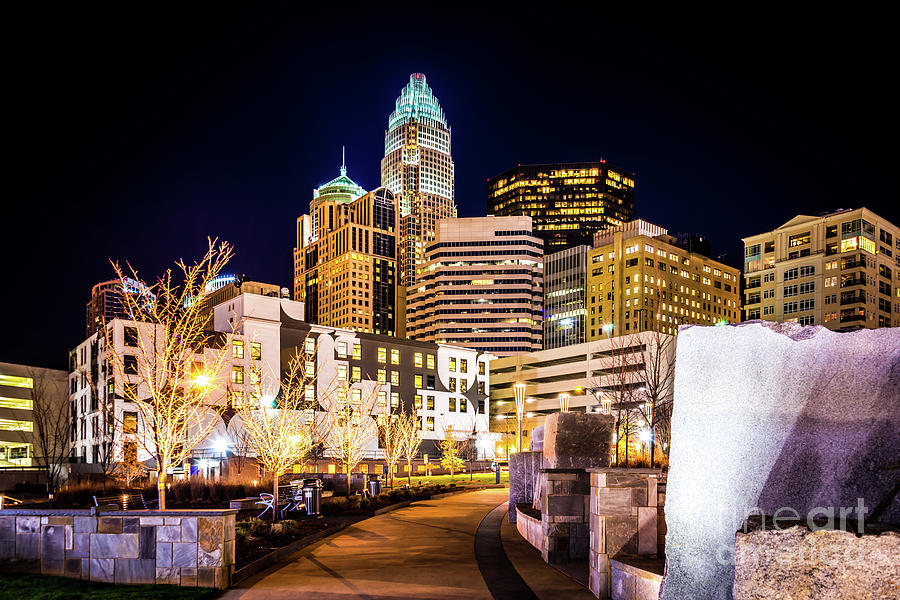 Charlotte Skyline with Romare Bearden Park at Night Photograph by Paul Velgos
