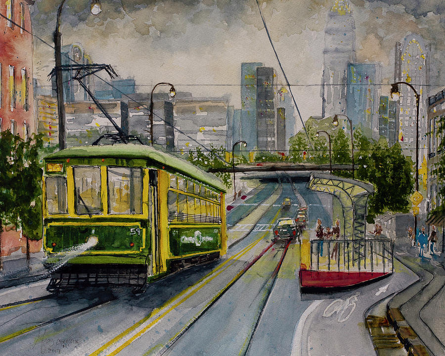 Charlotte Urban Cityscape and Streetcar  Painting by Gray Artus