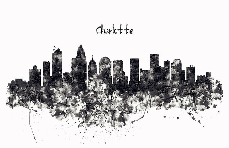 Charlotte Watercolor Skyline Black and White Painting by Marian Voicu