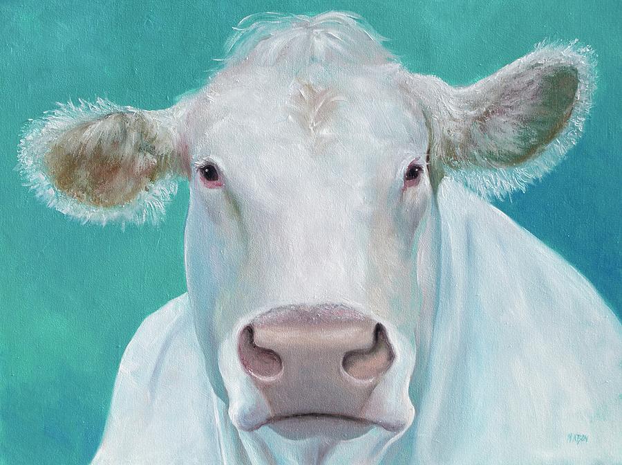 Charolais cow on green background Painting by Jan Matson
