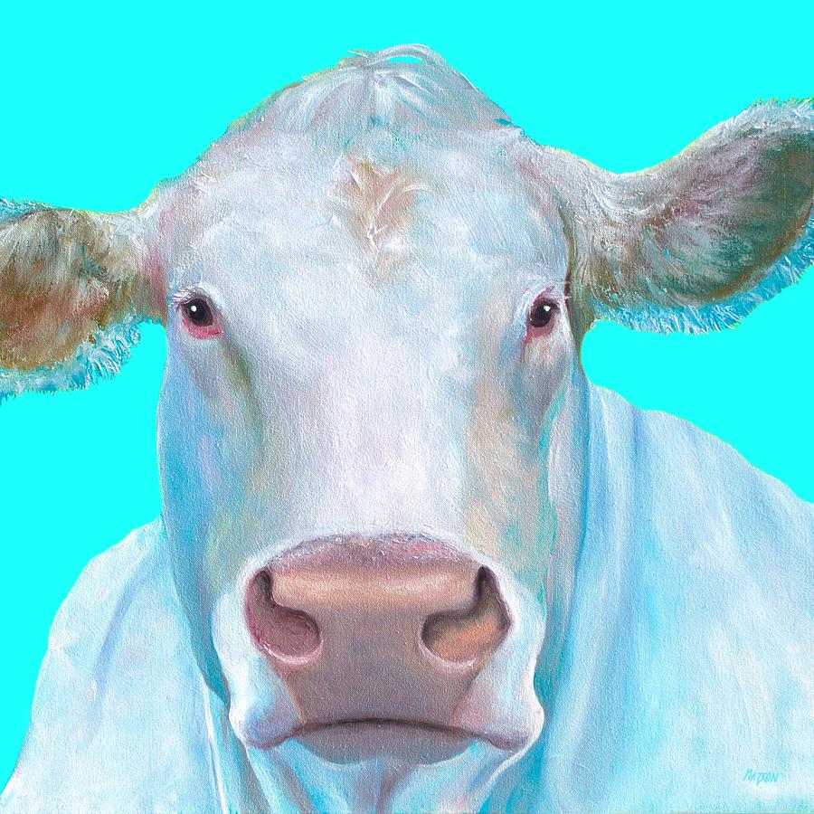 Charolais Cow painting on blue background Painting by Jan Matson