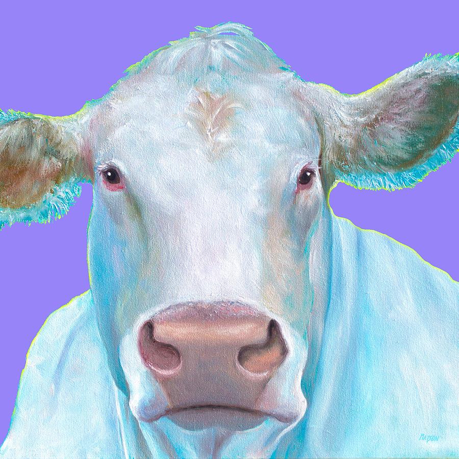Charolais Cow painting on purple background Painting by Jan Matson