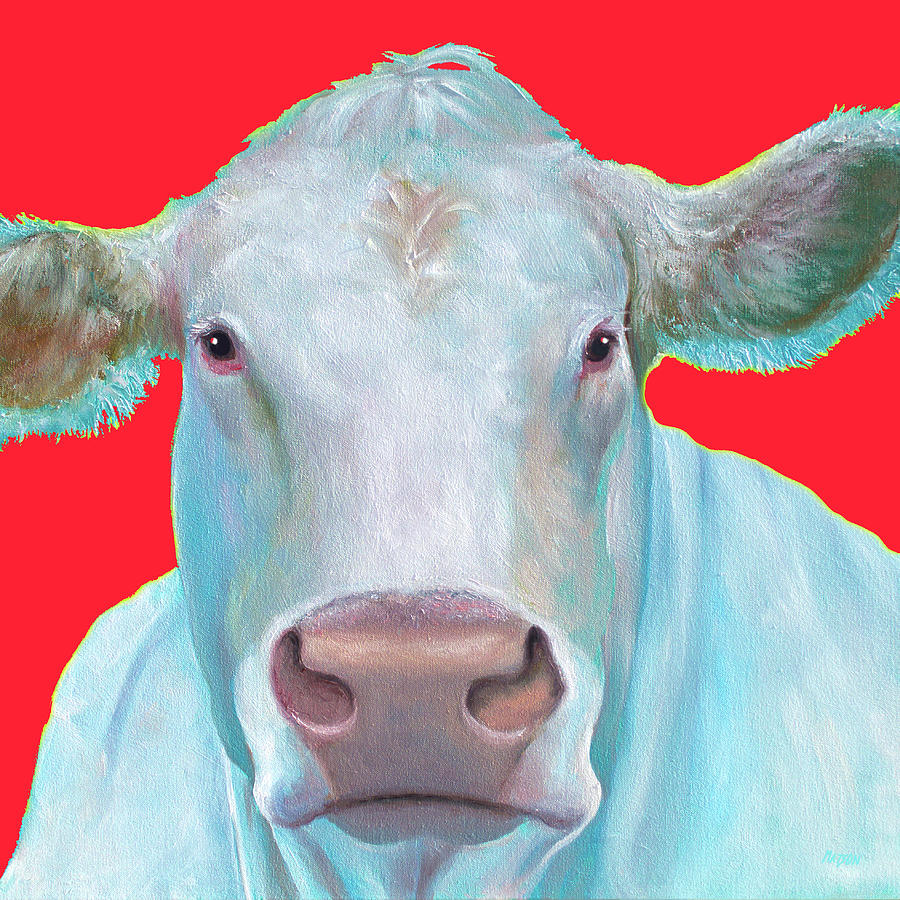 Animal Painting - Charolais Cow painting on red background by Jan Matson