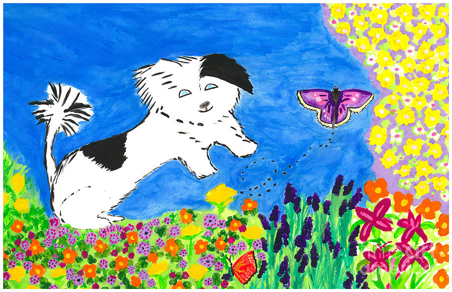 Dog Painting - Chasing Butterflies by J Cv