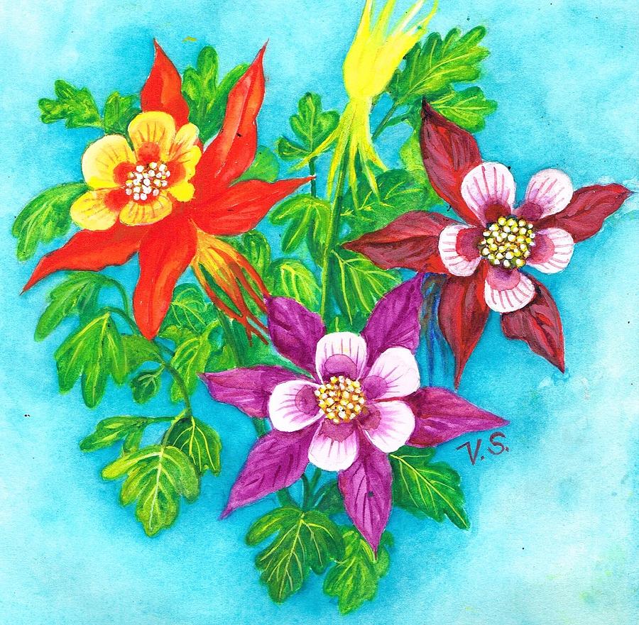 Cheeky columbines Painting by Val Stokes