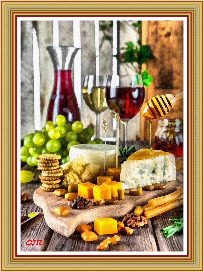 Cheese And Wine Table Still Life. L A S With Decorative Ornate Printed Frame. Digital Art