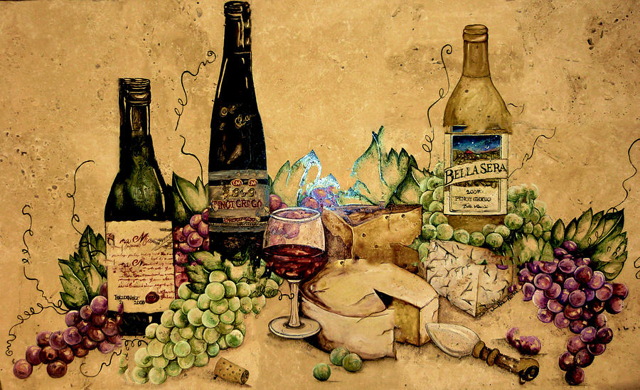 Wine Painting - Wine and Cheese Still life by Jean Habeck