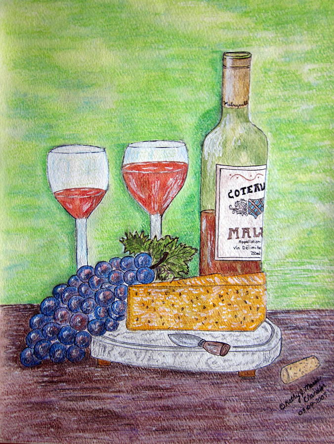 Cheese Wine and Grapes Painting by Kathy Marrs Chandler