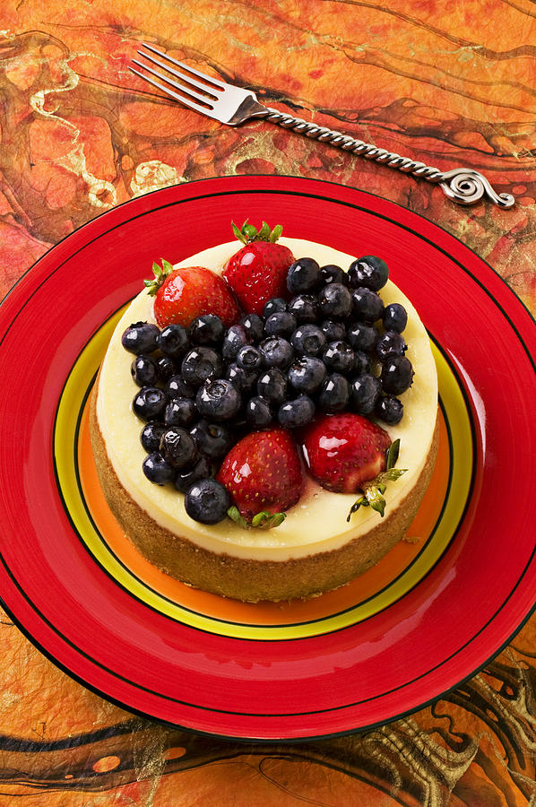 Fork Photograph - Cheesecake on red plate by Garry Gay