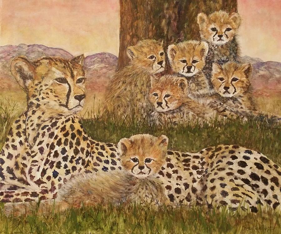 Cheetah Family Portrait Painting by Cheryl Wallace