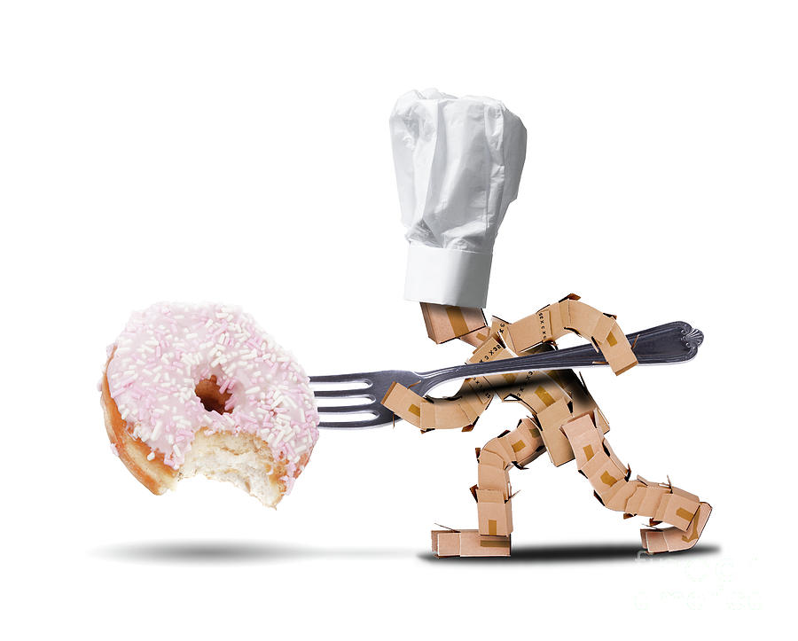 Chef box character attacking a large donut Digital Art by Simon Bratt