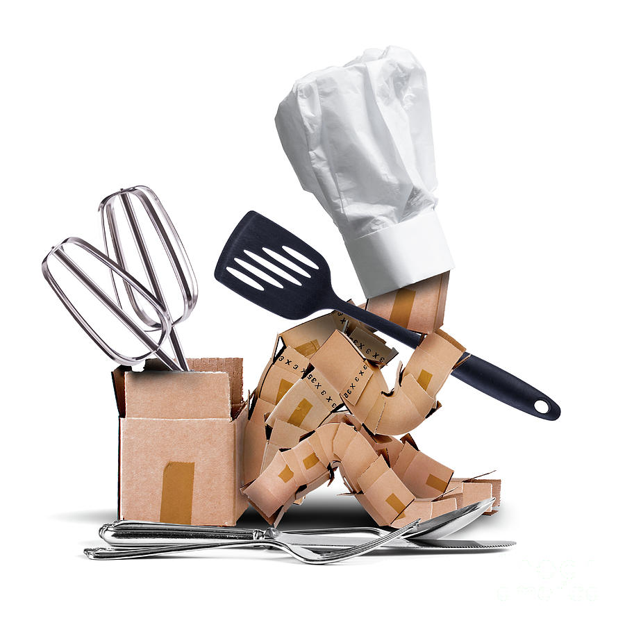 Chef character sat thinking with kitchen tools Digital Art by Simon Bratt