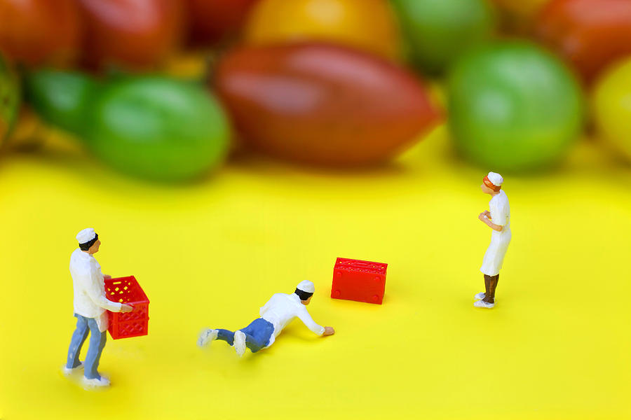 Chef Tumbled in front of colorful tomatoes little people on food Painting by Paul Ge