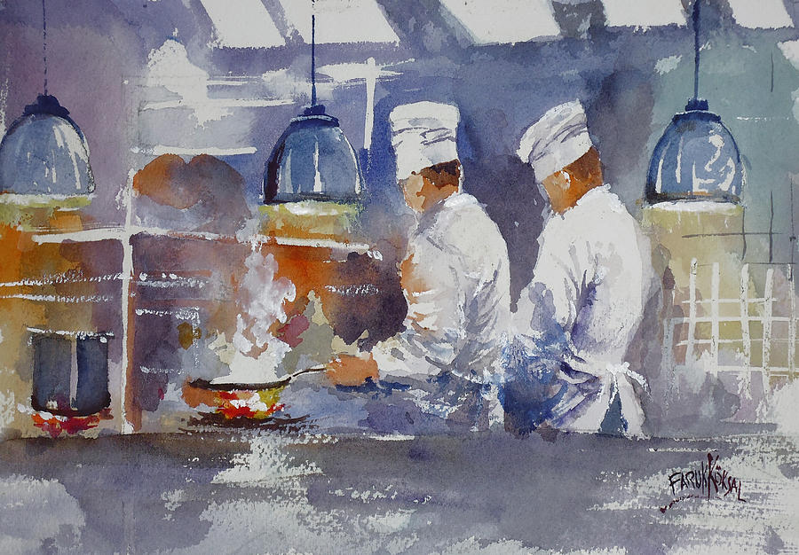Chefs In Kitchen  Painting by Faruk Koksal
