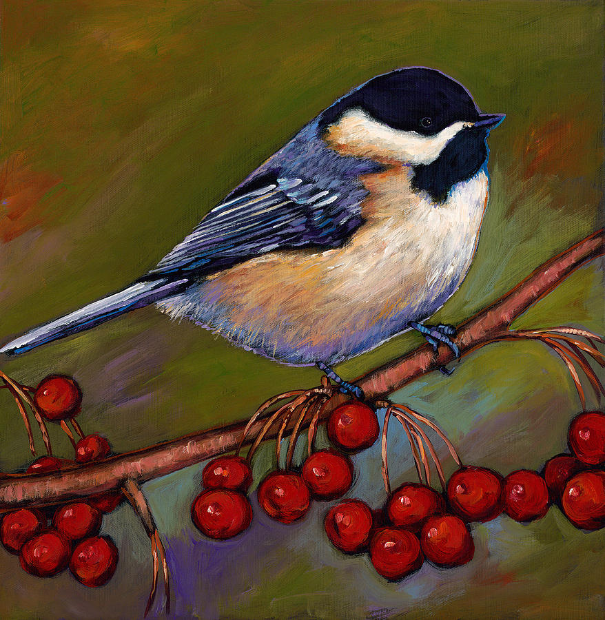 American Songbirds Painting - Cherries and Chickadee by Johnathan Harris