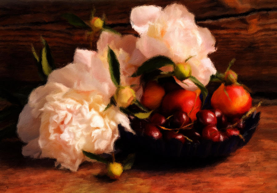 Flower Painting - Cherries and Peonies  by Georgiana Romanovna
