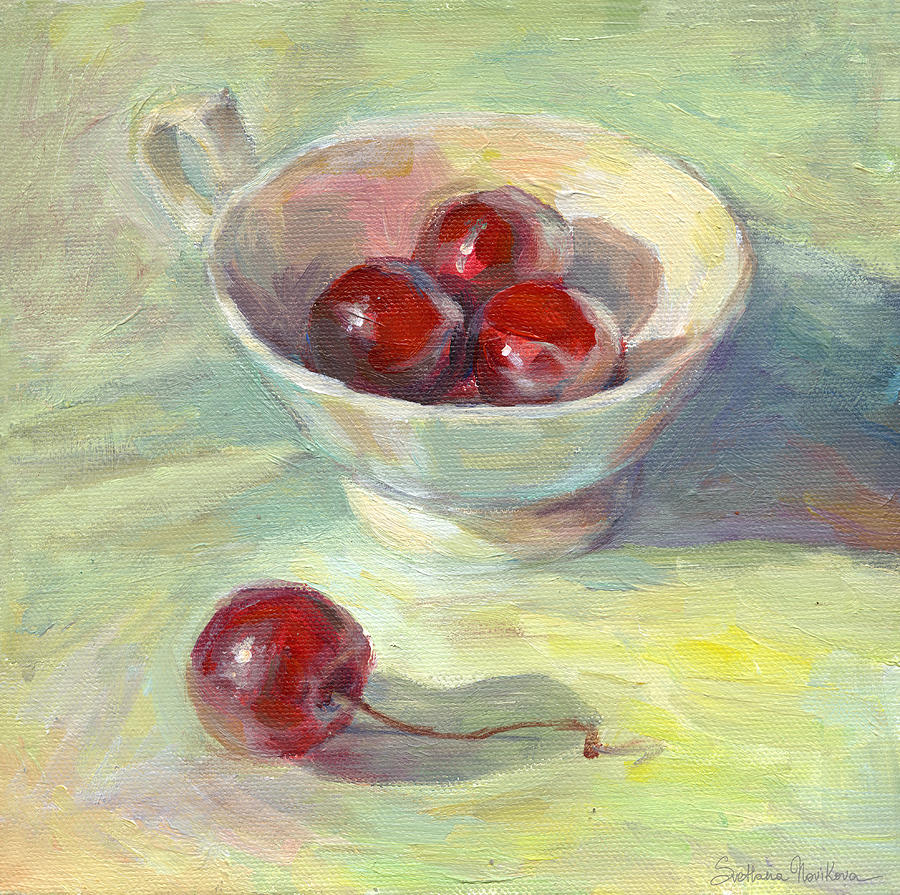 Cherries in a cup on a sunny day painting Painting by Svetlana Novikova