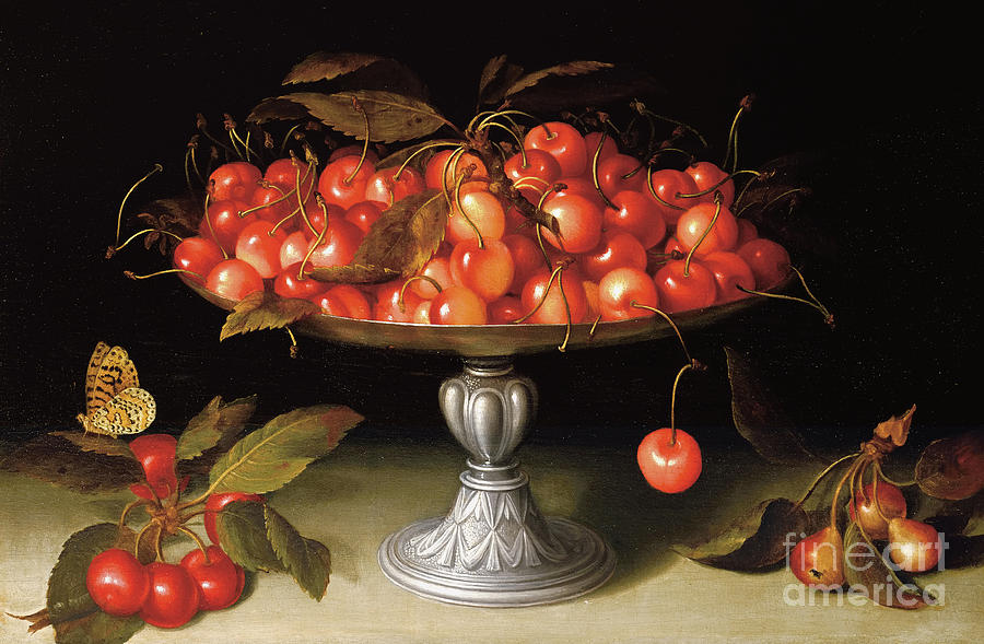 Cherries in a silver compote with crabapples on a stone ledge and a fritillary butterfly Painting by Fede Galizia