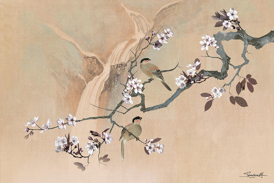 Bird Digital Art - Cherry Blossom Tree And Two Birds by M Spadecaller