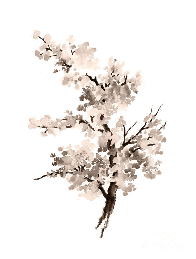 Cherry blossom tree drawing watercolor painting Painting by Joanna Szmerdt