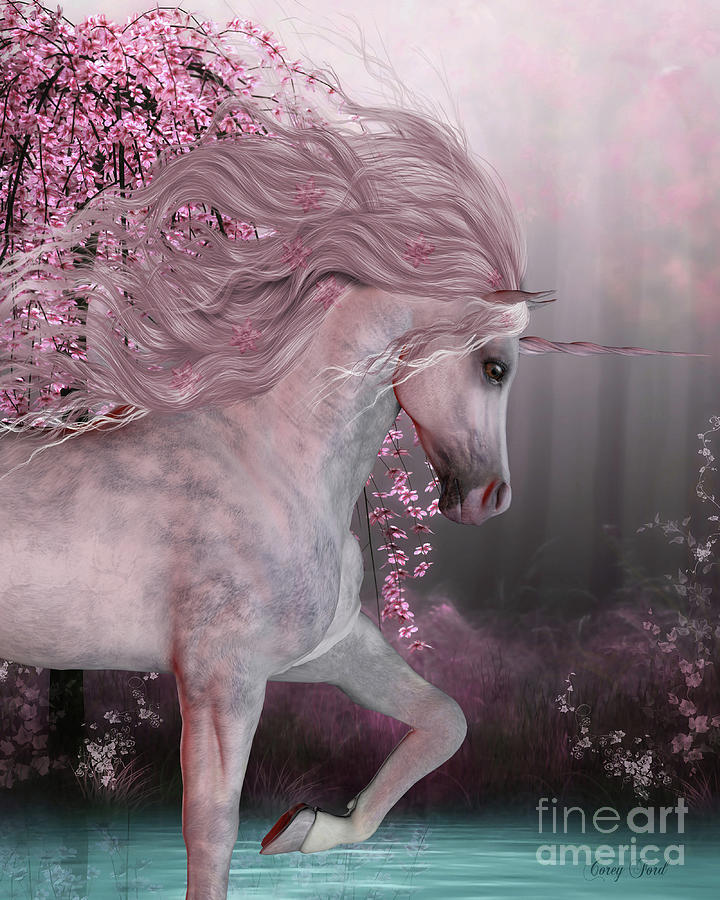Cherry Blossom Unicorn Painting by Corey Ford
