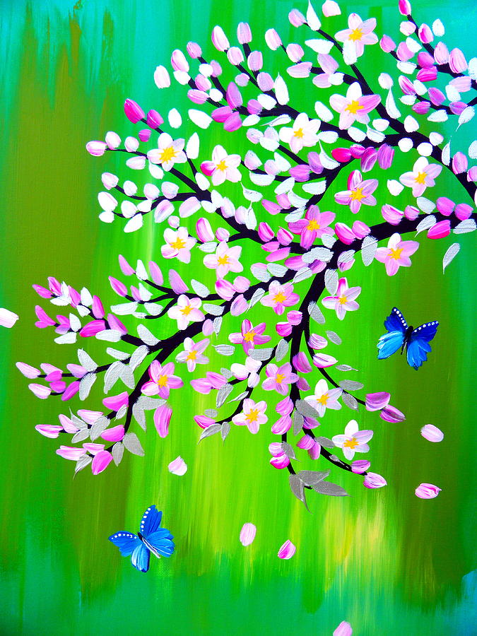 cherry blossom with green - modern Japanese style art Painting