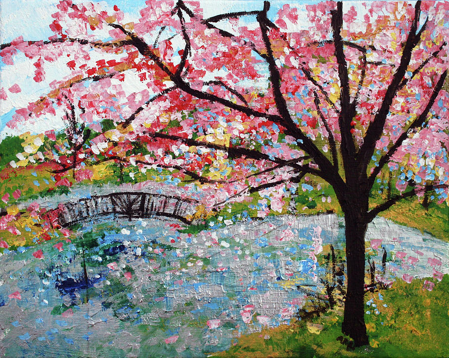 Cherry Blossom Painting - Cherry Blossoms And Bridge 3 201730 by Alyse Radenovic Cherry Blossom Painting - Cherry Blossoms And Bridge 3 201730 by Alyse Radenovic