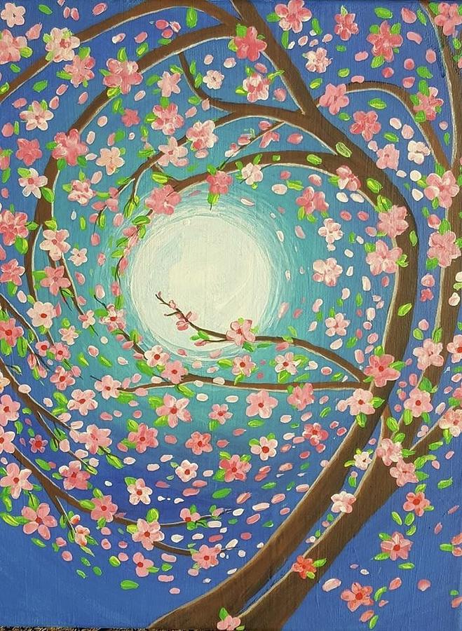 Cherry Blossoms around the Moon Painting by Cynthia Silverman