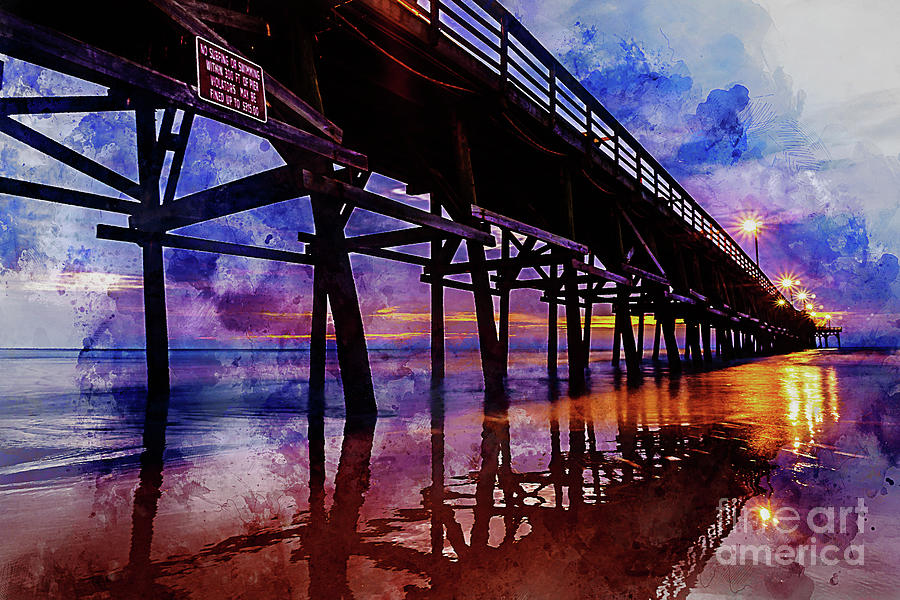 Cherry Grove Pier Sunrise Watercolor Digital Art by David Smith